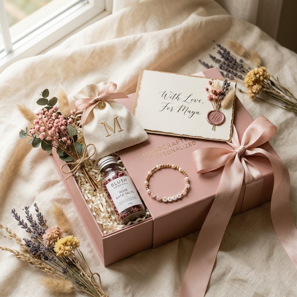 Personalized luxury pastel gift hamper with satin ribbons and handmade stationery