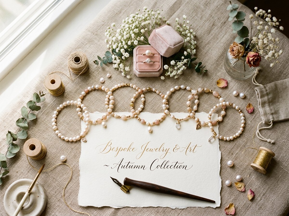 Artisanal flatlay of Elegant Emahe Style handcrafted jewelry and calligraphy tools
