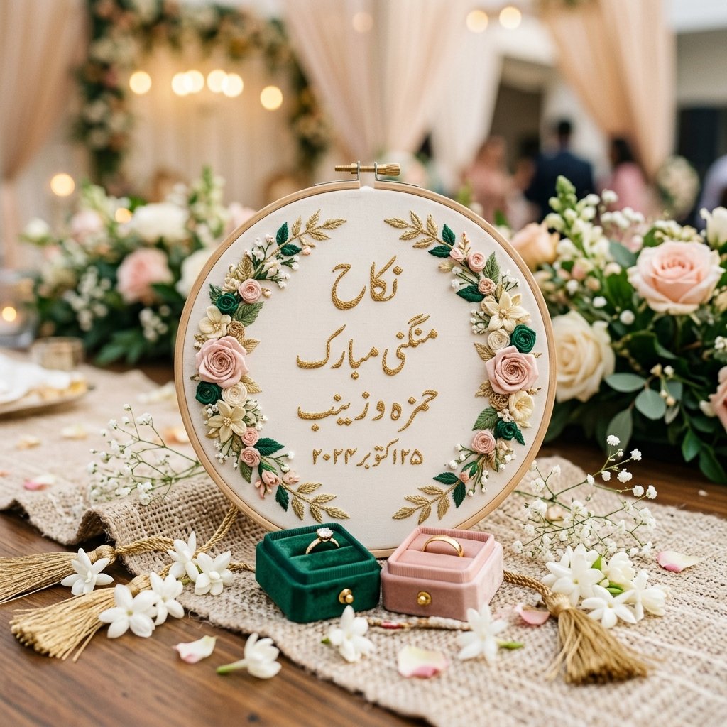Embroidered Nikkah hoop and ceremonial velvet ring platter with calligraphy