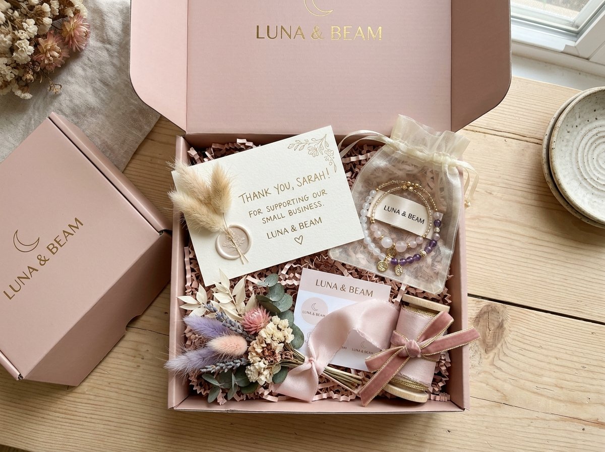 Aesthetic boutique order packaging with organza pouches and handwritten note